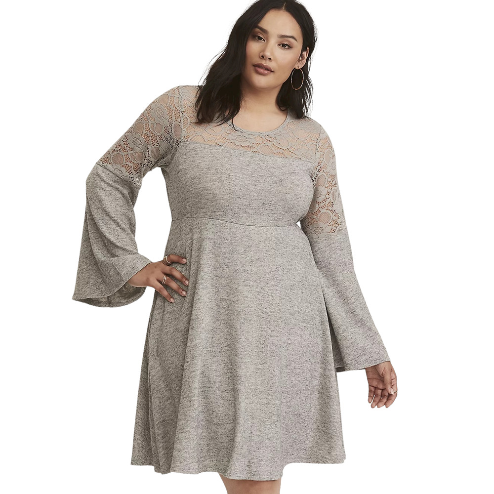 Torrid Size 00 M/L 10 Grey Bell Sleeve Lace Inset Woven Skater Dress
